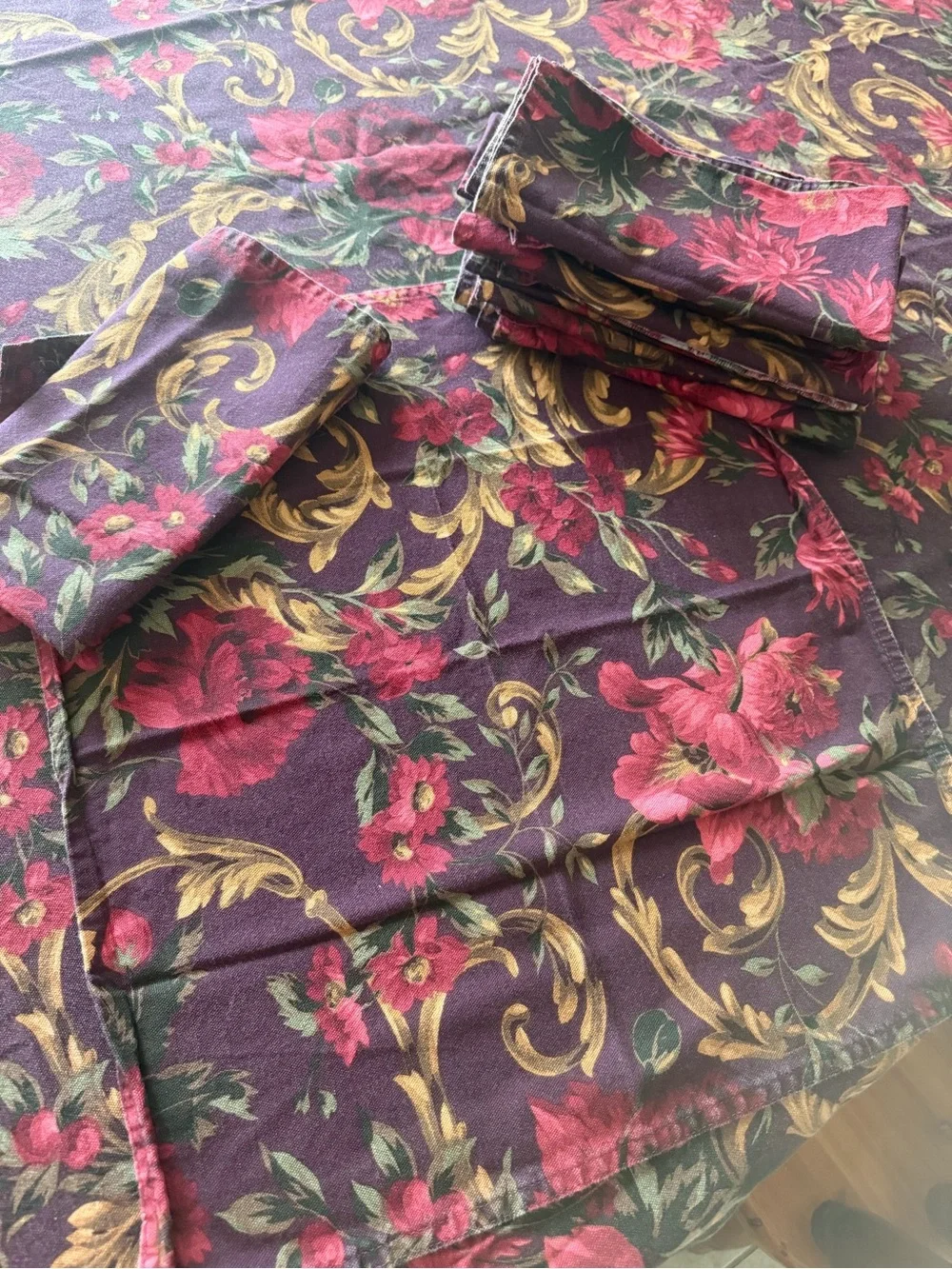 Lauren Ralph Lauren Burgundy and Gold Floral Jacquard Tablecloth and napkins